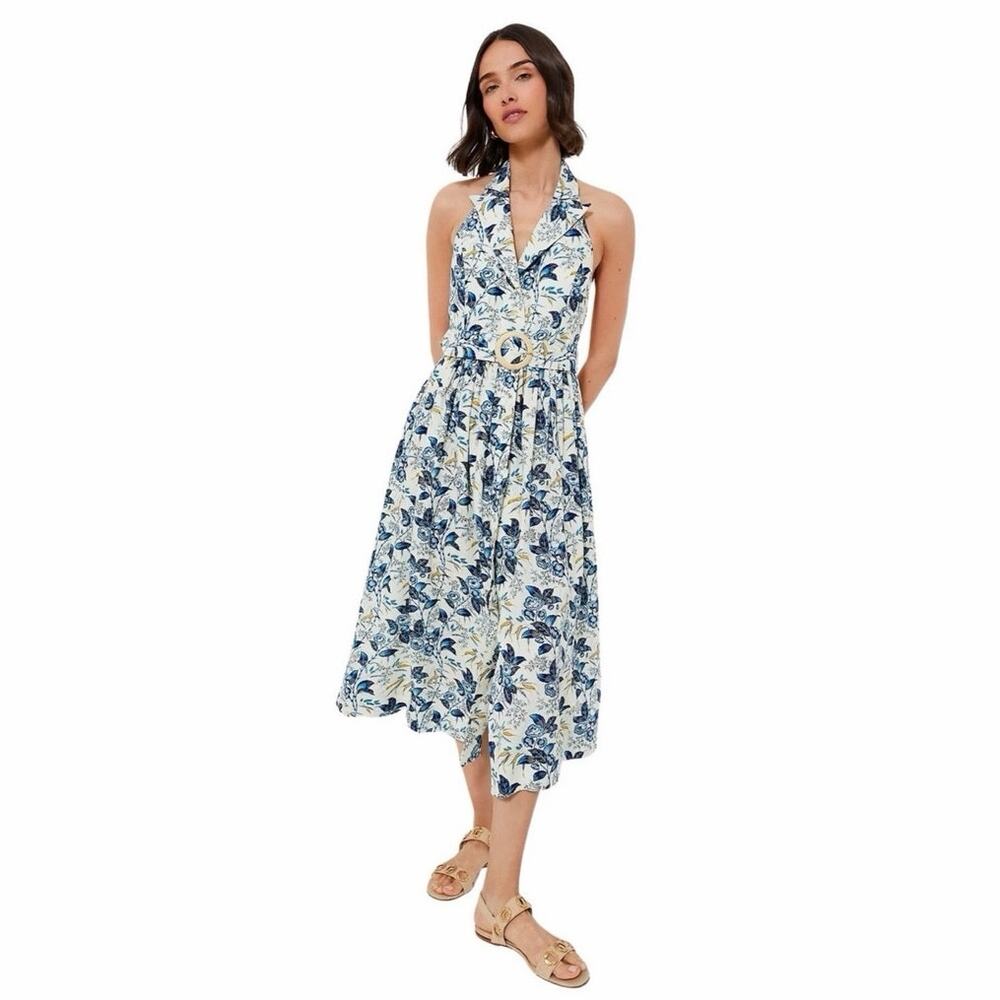 Tuckernuck Blue Floral Linen Blend Halter Midi Dress NWT Size 8 Missing Belt